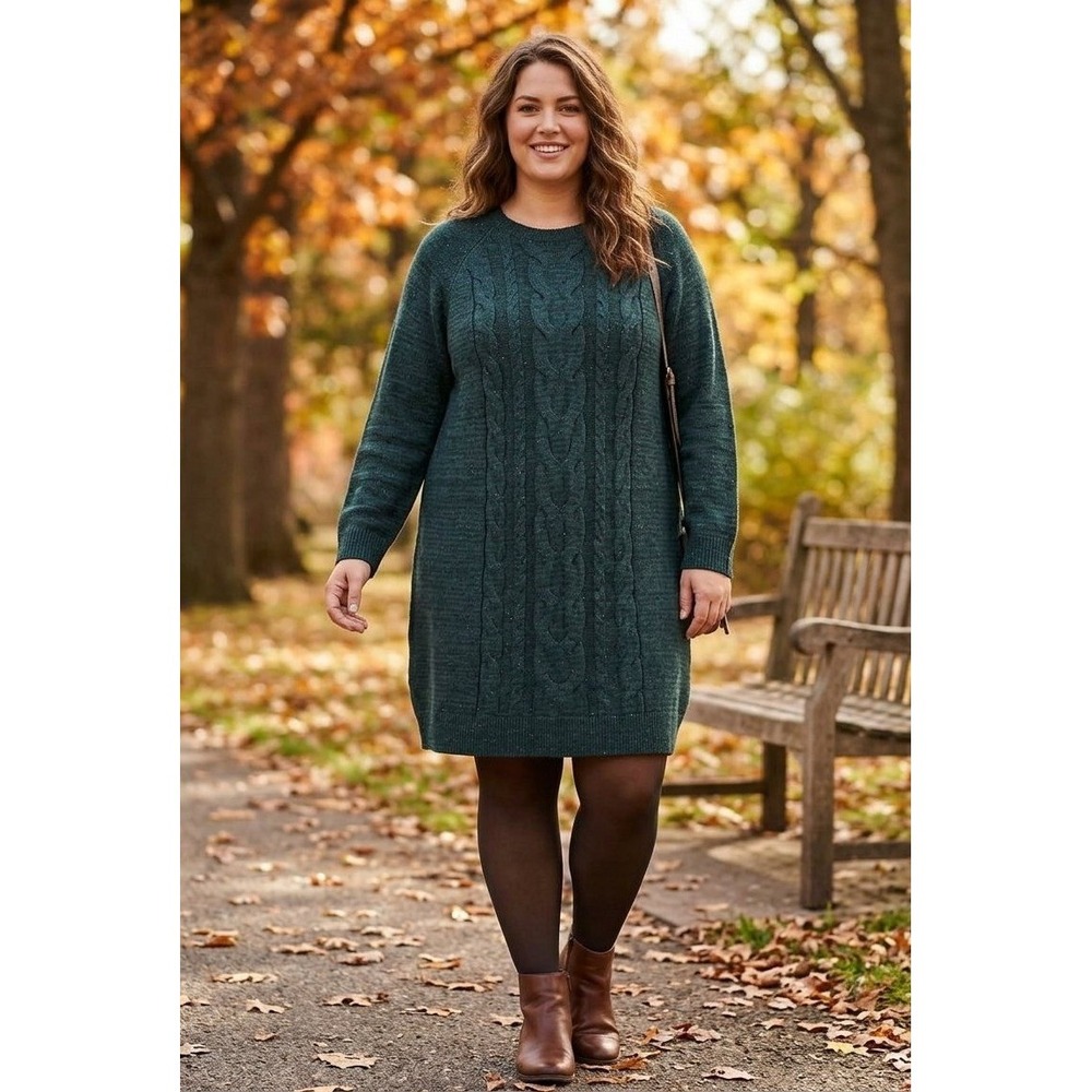 J Jill Sweater Dress Women 2X Green Cable Knit Long Sleeve Cotton Blend